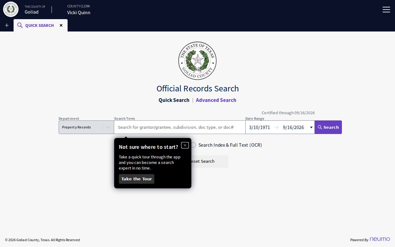Goliad County warrant records: property-only Official Records Search screen