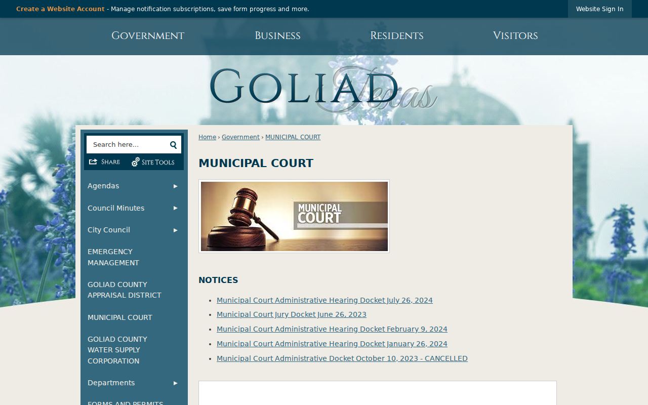 Goliad warrant records: Municipal Court contact and docket notice page