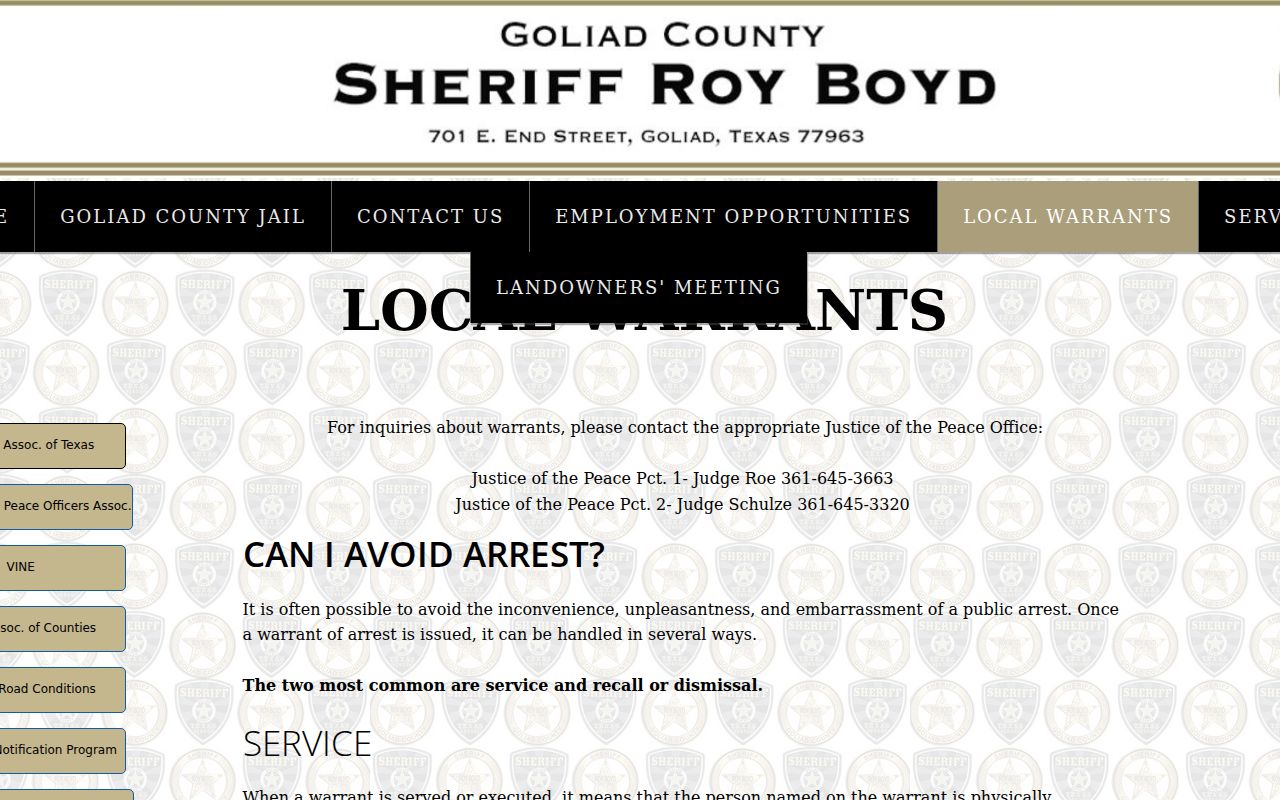 Goliad County warrant records: Sheriff's Local Warrants process page